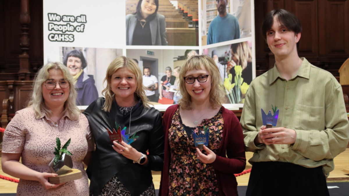 Colour head and shoulders photo of School of Divinity People of CAHSS award winners. (Left to Right) Amy MacKinnon, Julie Robertson, Roisin O'Fee, Rory Dunlop