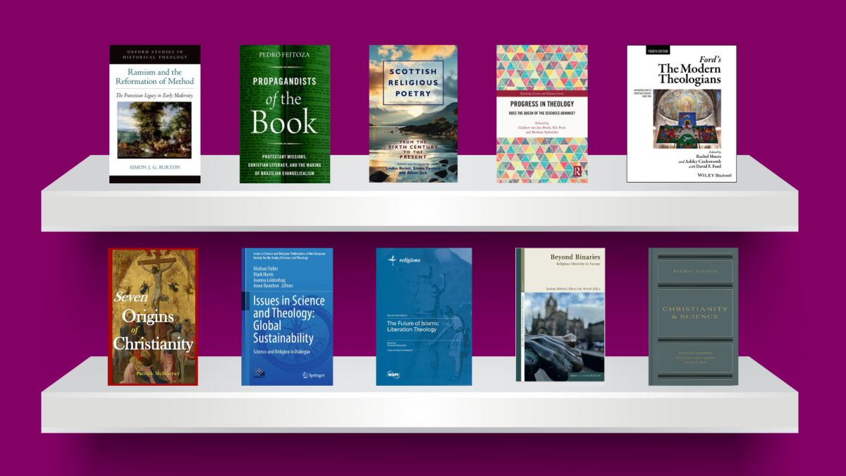 Colour image of a two bookshelves on top of one another with a variety of different books published by School of Divinity staff placed on the shelves