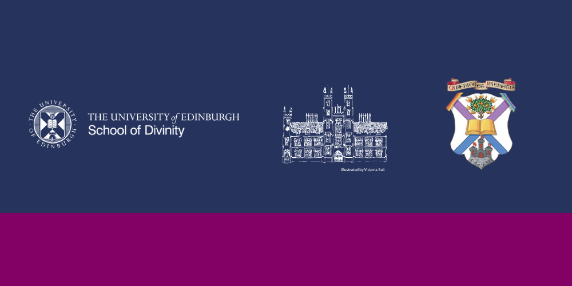 Blue and purple graphic with the University of Edinburgh's School of Divinity logo on the left, line drawing of New College, illustrated by Victoria Rose Ball, and the New College Coat of Arms on the right