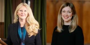 Colour head and shoulders photos of (left to right) Professor Helen Bond and Dr Linden Bicket