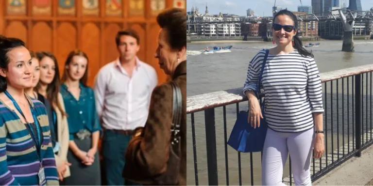Colour photo collage of (left to right) Amy Plender stood looking at Princess Anne as she speaks to her and colour photo of Amy Plender stood smiling at the camera