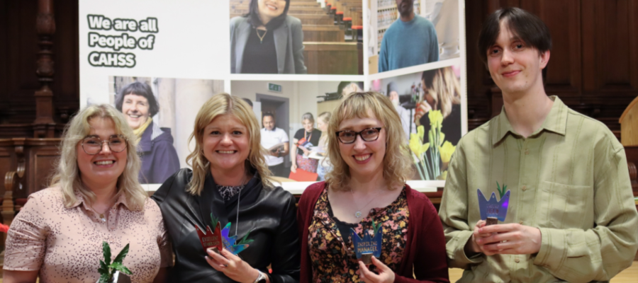 Colour head and shoulders photo of School of Divinity People of CAHSS award winners. (Left to Right) Amy MacKinnon, Julie Robertson, Roisin O'Fee, Rory Dunlop