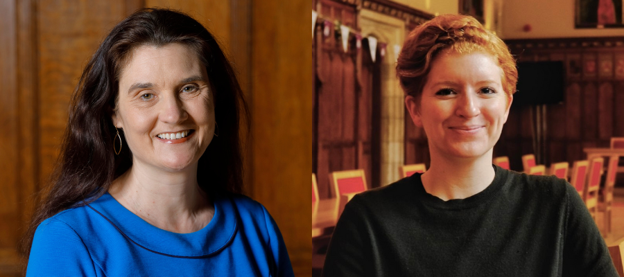 Colour head and shoulder split screen photo of (left) Professor Emma Wild-Wood and (right) Dr Lois Wilson-McFarland