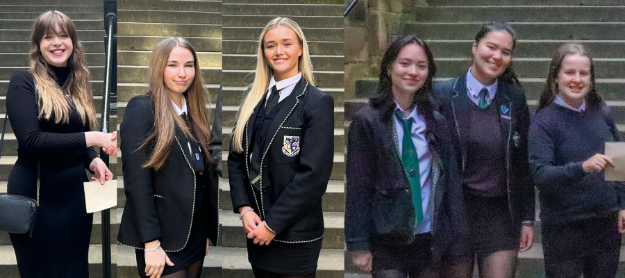 Colour head and shoulders photos of (left to right) Farrah, Kirsty and Holly, Shona, Charlotte and Cecilia stood smiling at the camera infront of the steps in the New College Quad