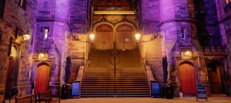 Colour photo of the New College Quad lit up purple