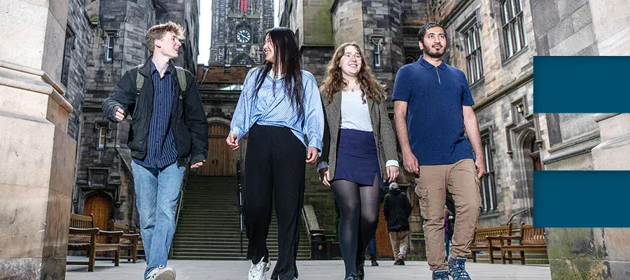 Colour images of students walking together through the New College archway