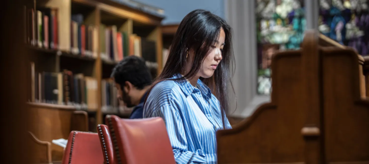 Colour photo of a student sat studying at a desk in the New College Library