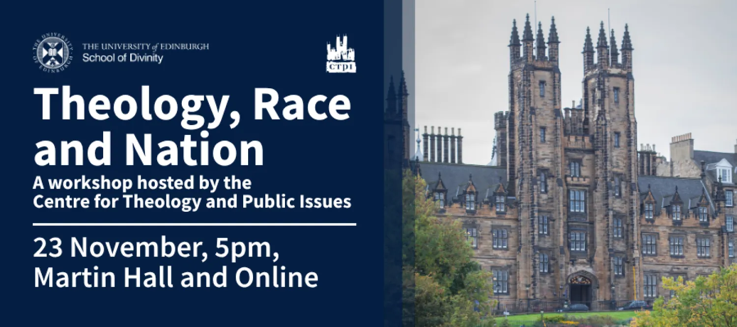 Colour promotional graphic for the 'Theology, Race and Nation' event