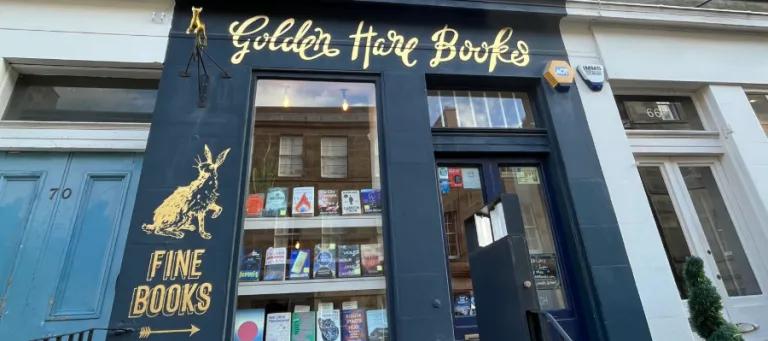 Colour photo of the outside of the Golden Hare Bookshop in Edinburgh