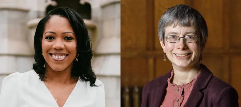 Colour head and shoulders photos of (left to right) Dr Selina Stone and Professor Rachel Muers