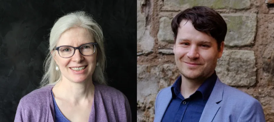 Colour head and shoulders photos of Professor Alison Jack and Dr Caleb Froehlich