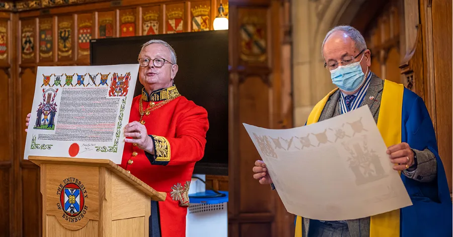 Colour images of the presentation of the New College Coat of Arms