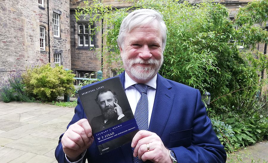 Professor Stewart J Brown with his biography of W T Stead
